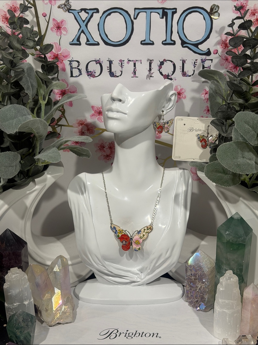 🦋 RARE SET BRIGHTON ‘BLOSSOM HILL GARDEN’ SWAROVSKI CRYST SLVR VTG HAND-PAINTED